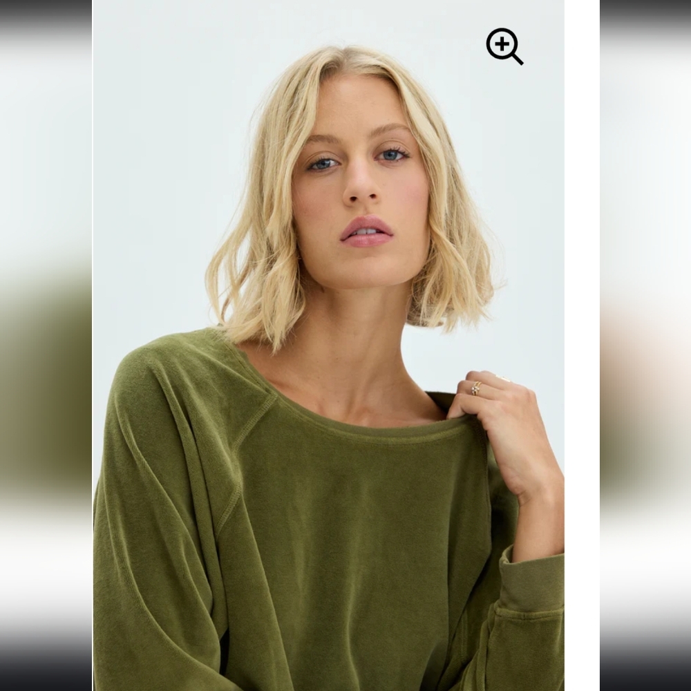 Raquel Allegra Muse Sweatshirt Velour Pullover Army Green $250 sz 2 - Picture 2 of 16